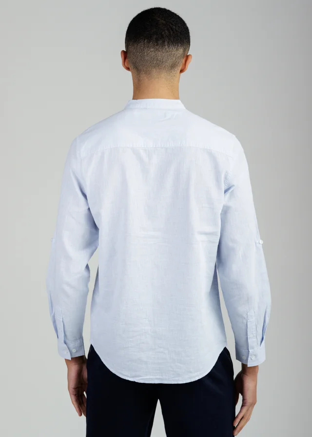 Tokyo Laundry Light Blue Linen Blend Long Sleeve Button-Up Shirt With Grandad Collar