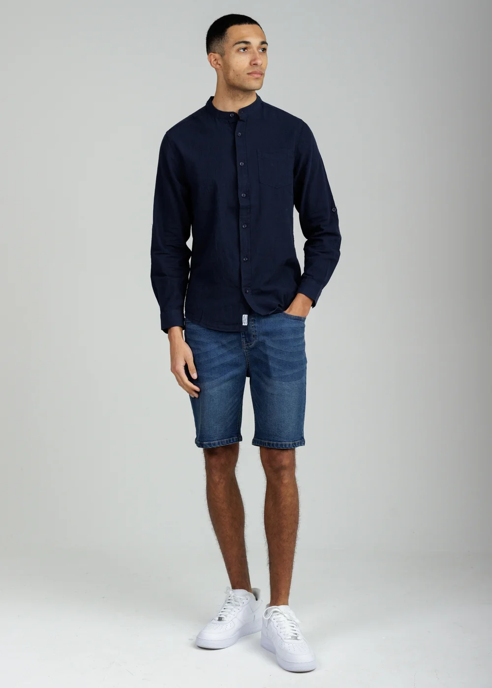 Tokyo Laundry Navy Linen Blend Long Sleeve Button-Up Shirt With Grandad Collar - XL Image 4