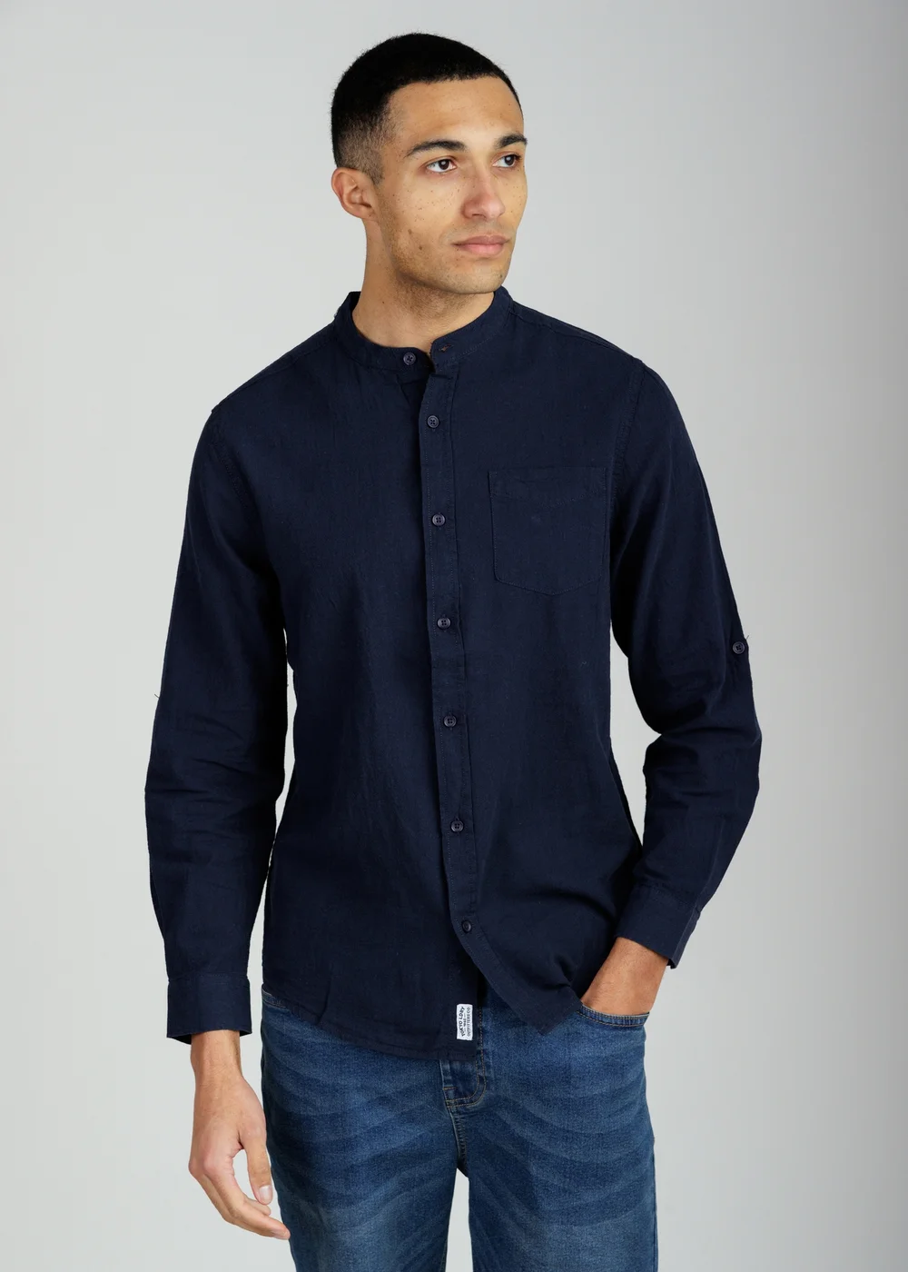 Tokyo Laundry Navy Linen Blend Long Sleeve Button-Up Shirt With Grandad Collar - XL Image 1