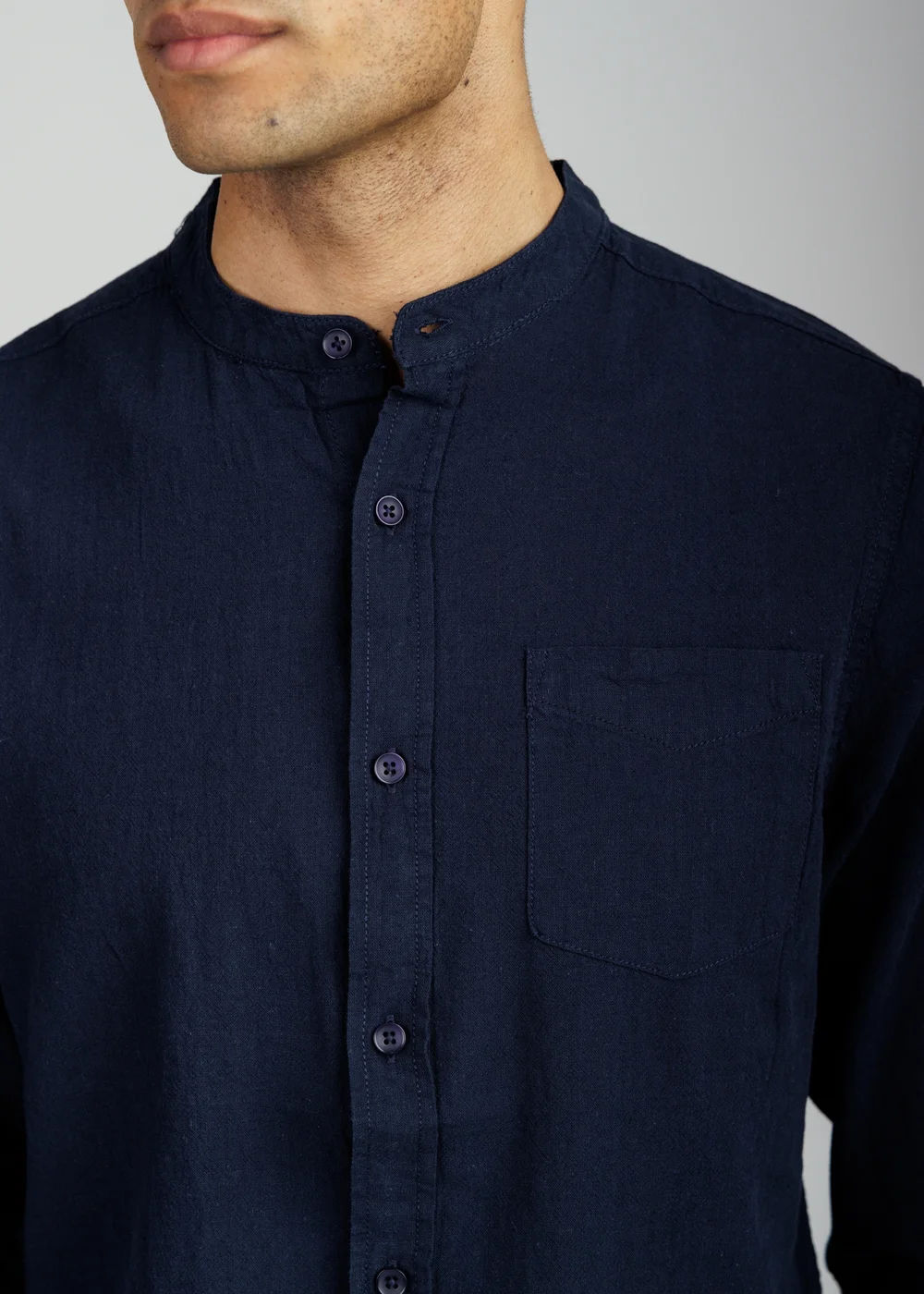 Tokyo Laundry Navy Linen Blend Long Sleeve Button-Up Shirt With Grandad Collar - XL Image 3