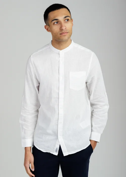 Tokyo Laundry White Linen Blend Long Sleeve Button-Up Shirt With Grandad Collar - M Image 2