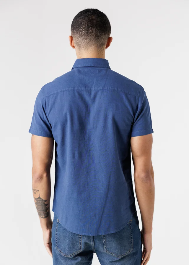 Tokyo Laundry Dark Blue Linen Blend Short Sleeve Button-Up Shirt With Chest Pocket