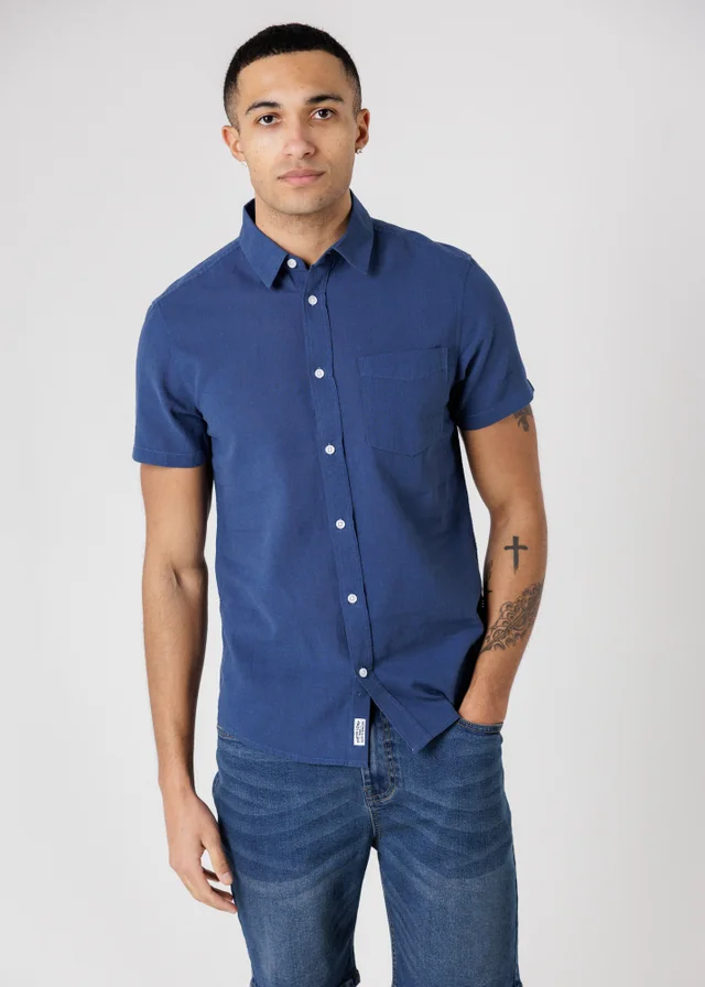 Tokyo Laundry Dark Blue Linen Blend Short Sleeve Button-Up Shirt With Chest Pocket