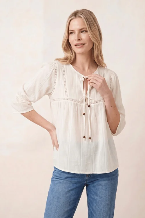 Style Cheat Tiered White Tie Textured Blouse - 10 Image 2
