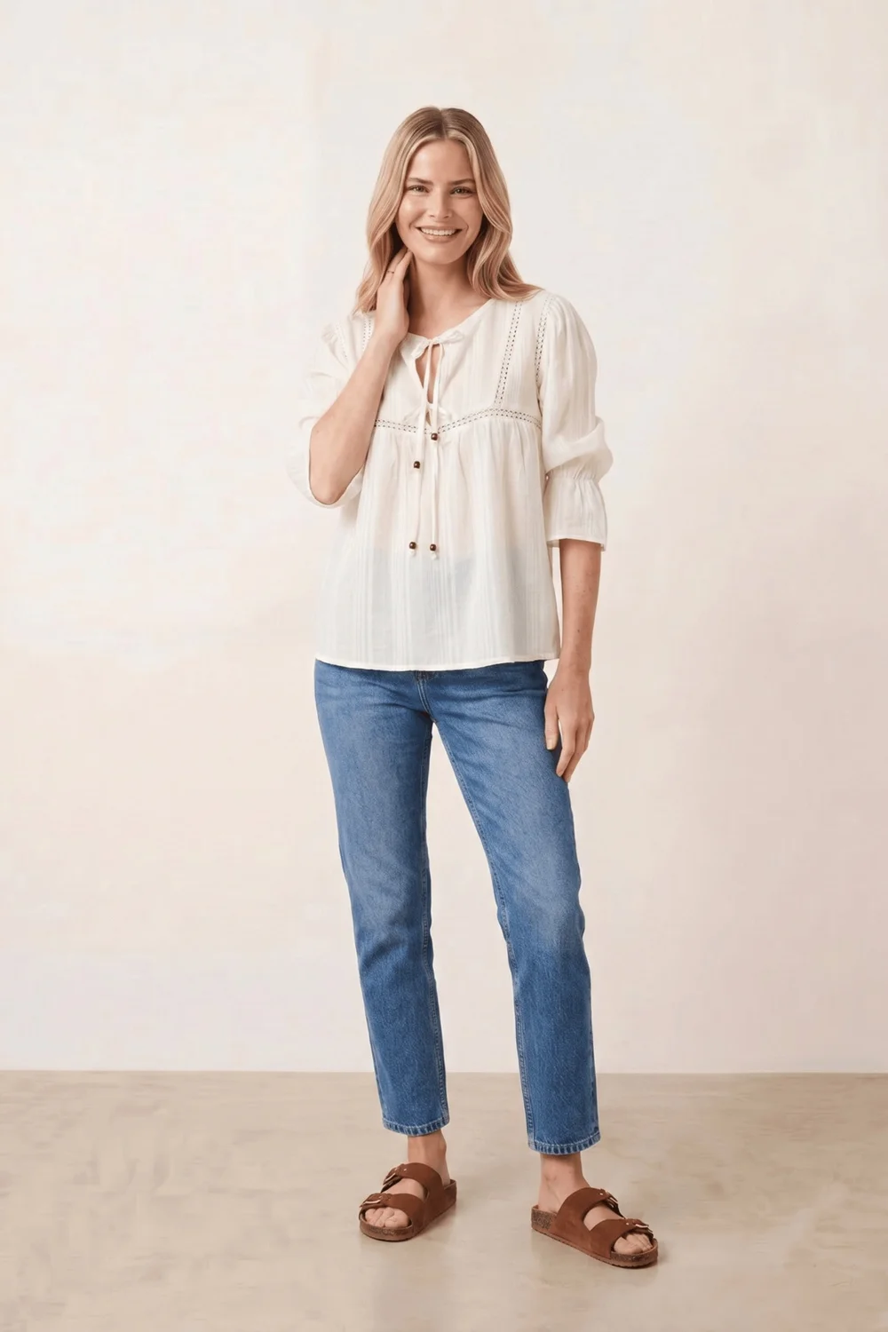 Style Cheat Tiered White Tie Textured Blouse - 10 Image 1