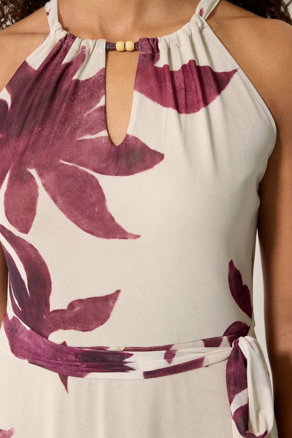 M&Co Natural Brown Floral Print Halter Neck Mesh Maxi Dress - 14 Image 5