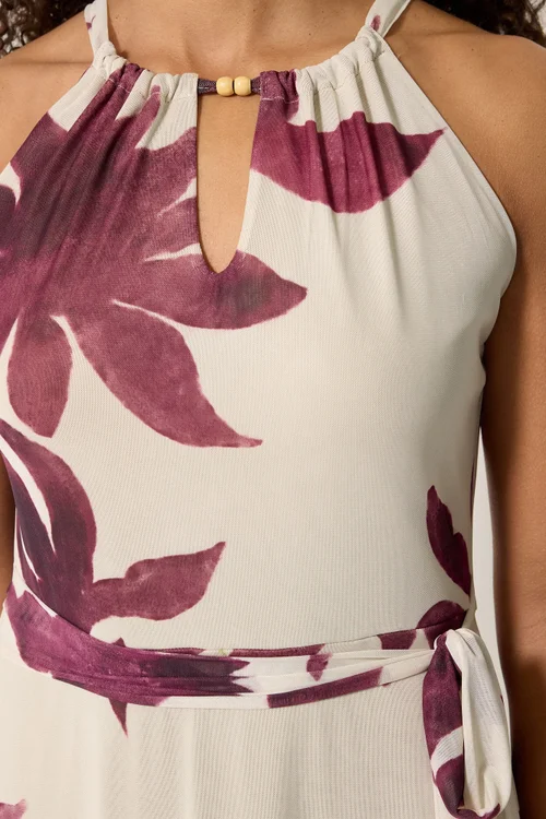 M&Co Natural Brown Floral Print Halter Neck Mesh Maxi Dress - 14 Image 5