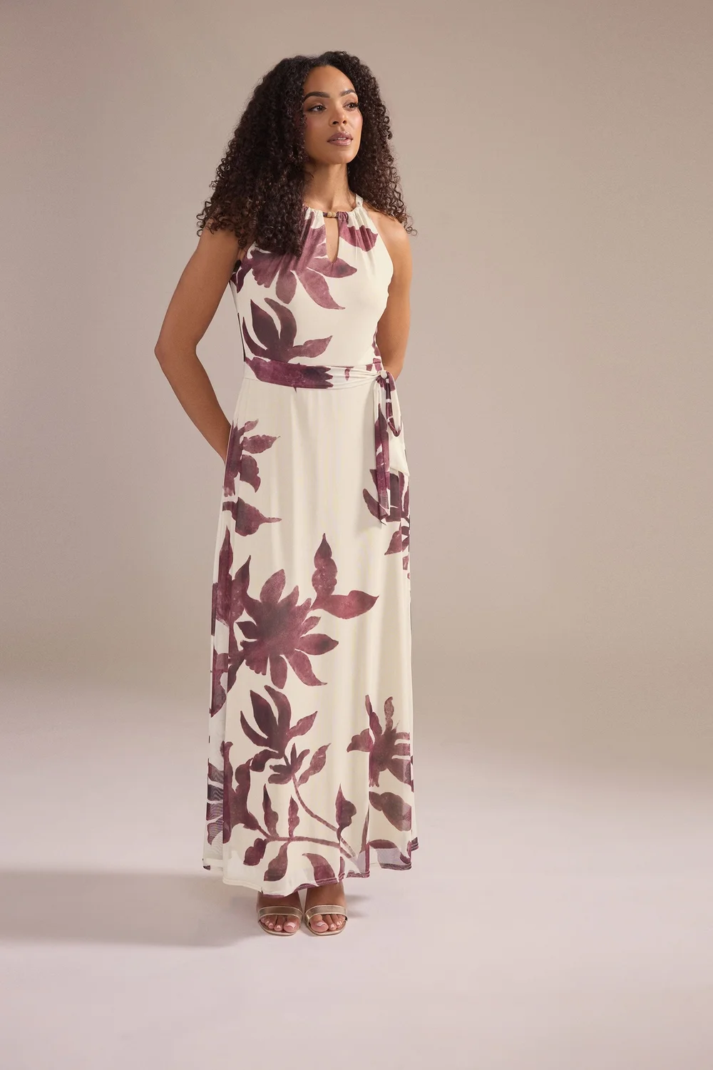 M&Co Natural Brown Floral Print Halter Neck Mesh Maxi Dress - 14 Image 1
