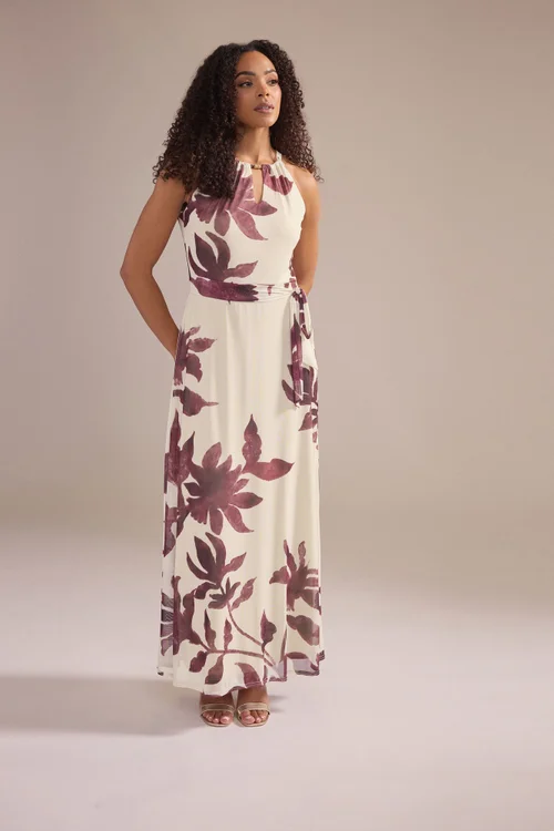 M&Co Natural Brown Floral Print Halter Neck Mesh Maxi Dress - 14 Image 1