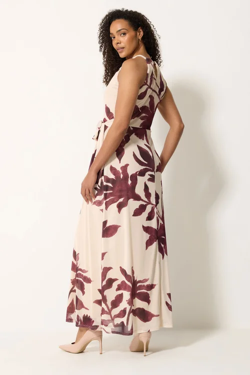 M&Co Natural Brown Floral Print Halter Neck Mesh Maxi Dress - 14 Image 4