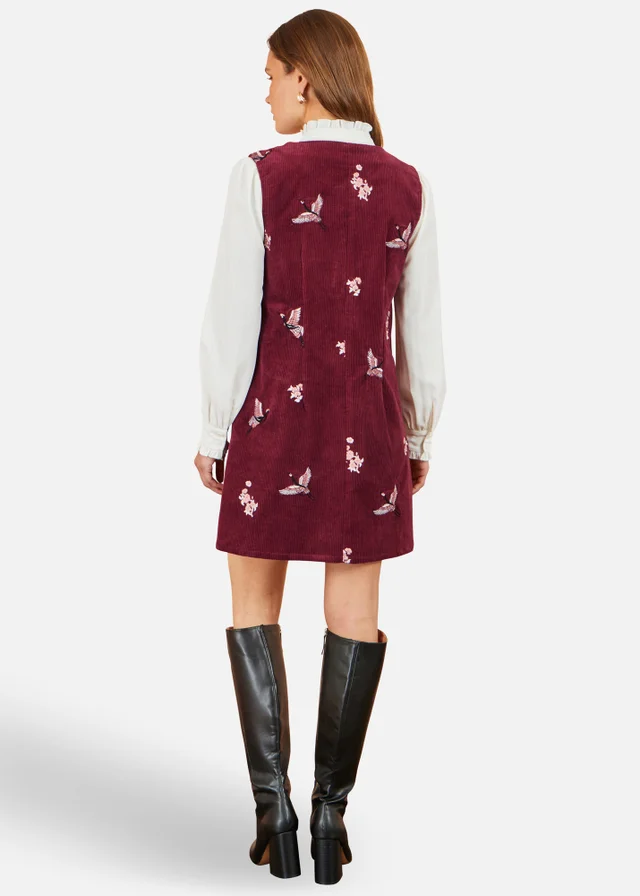 Yumi Burgundy Crane Embroidery Button Up Pinafore Dress