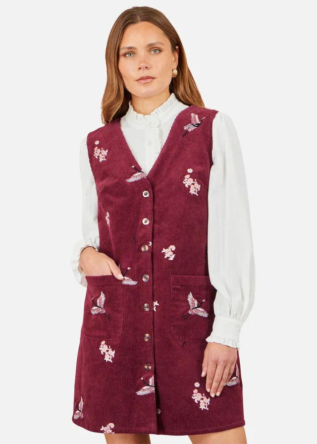 Yumi Burgundy Crane Embroidery Button Up Pinafore Dress
