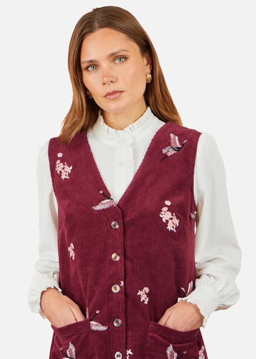 Yumi Burgundy Crane Embroidery Button Up Pinafore Dress - 10 Image 3