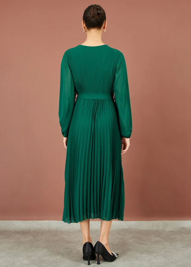 Yumi Green Pleated Wrap Midi Dress