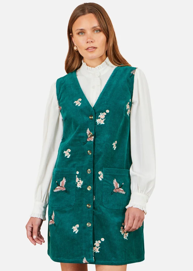 Yumi Teal Crane Embroidery Button Up Pinafore Dress