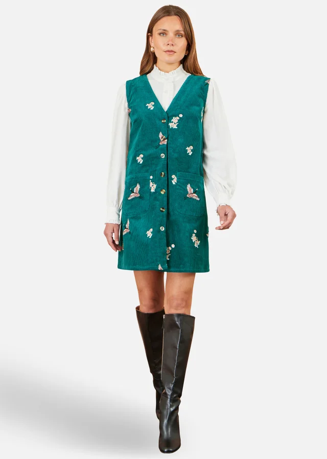 Yumi Teal Crane Embroidery Button Up Pinafore Dress