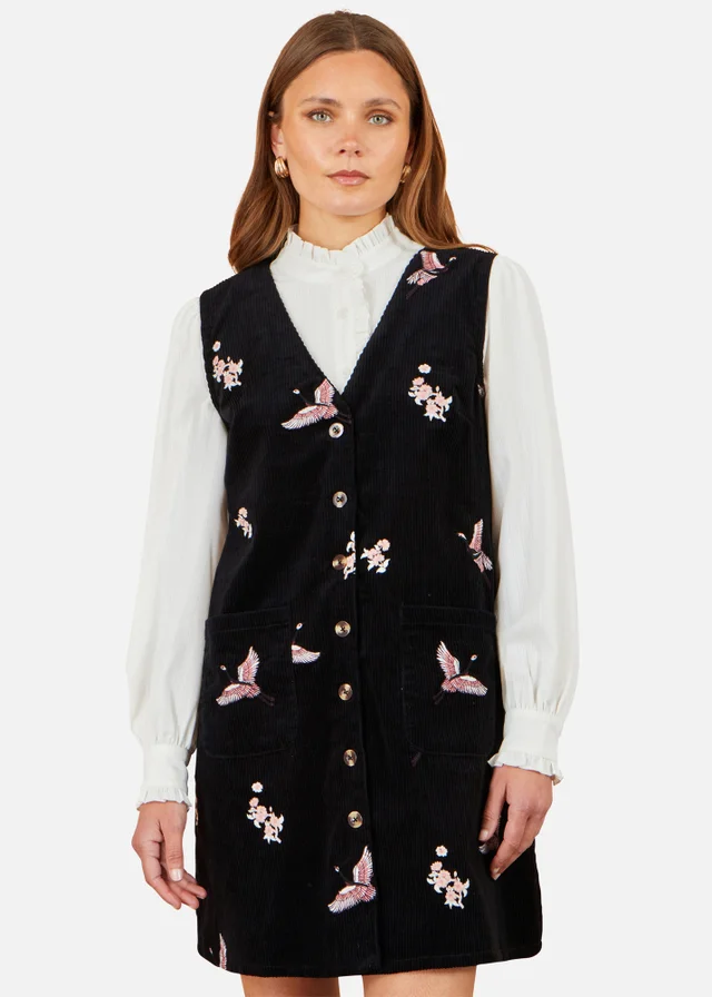 Yumi Black Crane Embroidery Button Up Pinafore Dress