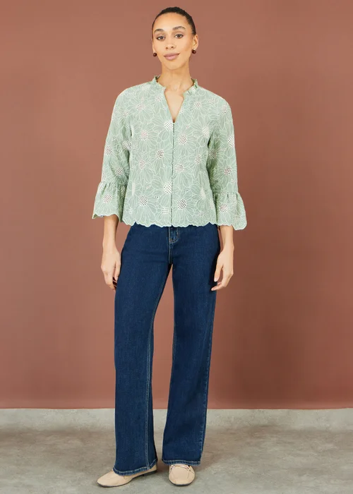 Yumi Green Daisy Broderie Shirt With Fluted Sleeves - 10 Image 3