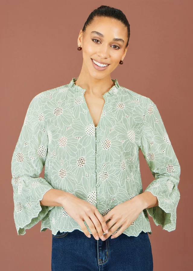Yumi Green Daisy Broderie Shirt With Fluted Sleeves