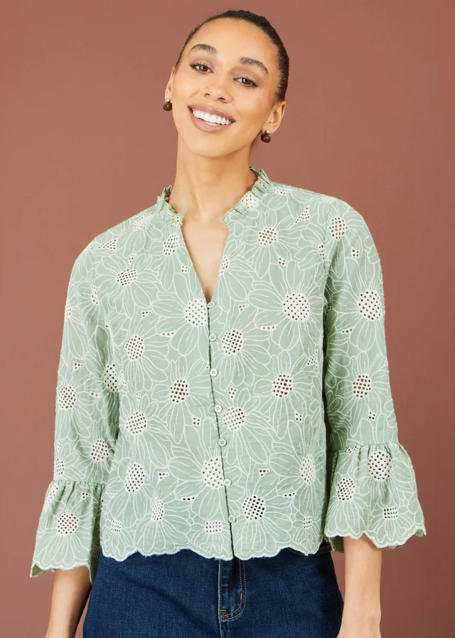 Yumi Green Daisy Broderie Shirt With Fluted Sleeves