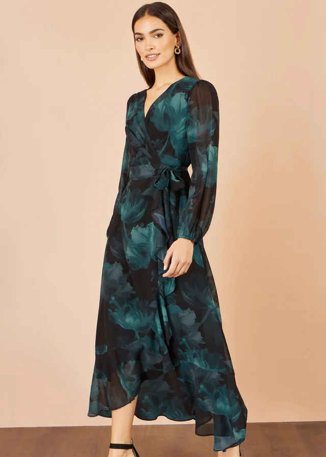 Yumi Black Floral Dipped Hem Wrap Midi Dress