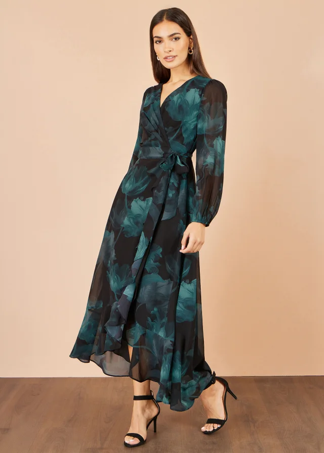 Yumi Black Floral Dipped Hem Wrap Midi Dress