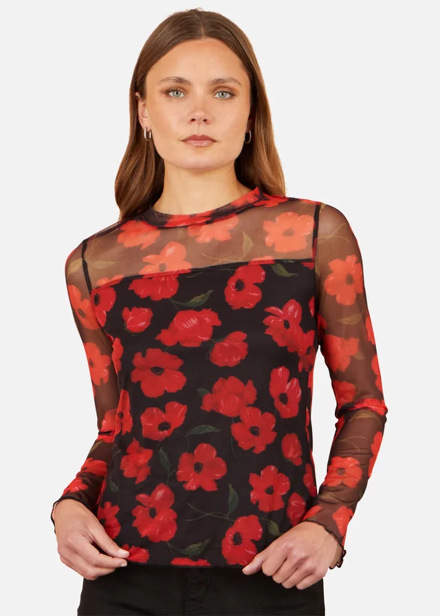 Yumi Black Poppy Mesh Top