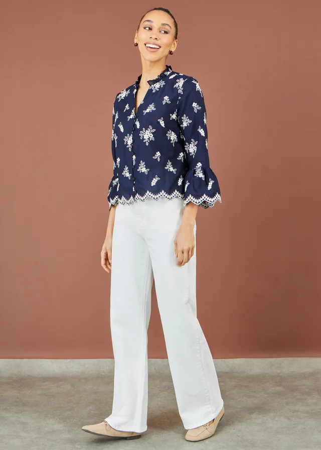 Yumi Navy Broderie Shirt With Fluted Sleeves