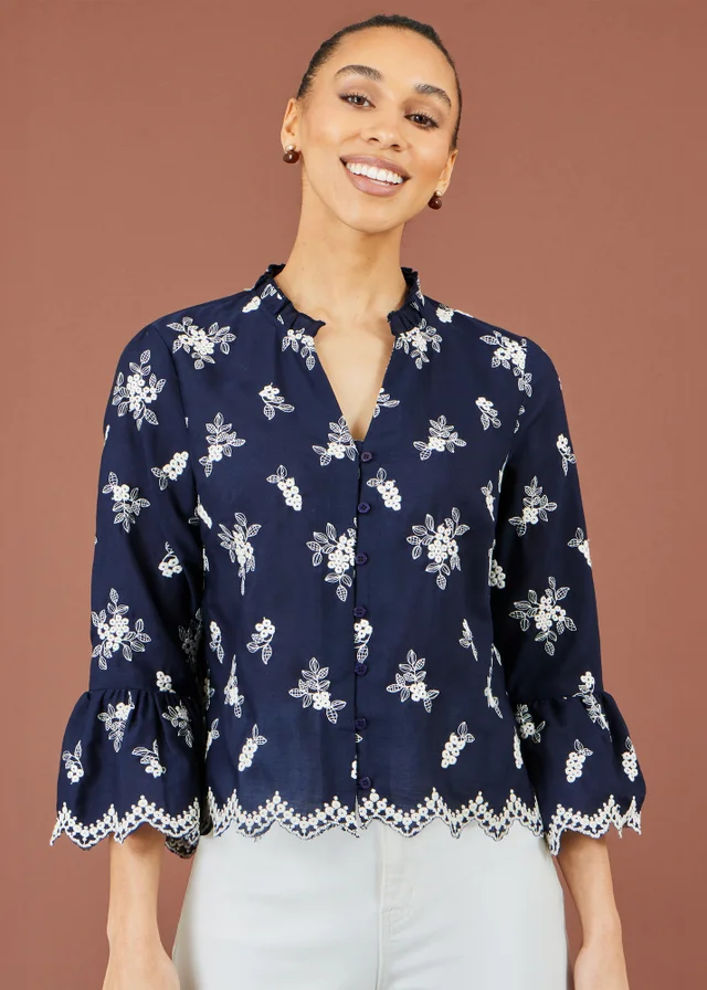 Yumi Navy Broderie Shirt With Fluted Sleeves