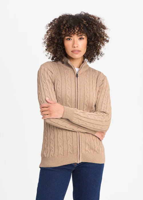 Cotton Traders Warm Beige Cotton Cable Zip Through Cardigan - 3XL Image 1