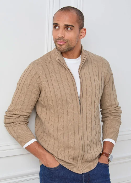 Cotton Traders Warm Beige Cotton Cable Zip Through Cardigan - 3XL Image 4