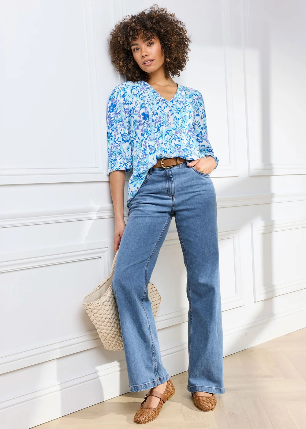 Cotton Traders French Blue 3/4 Sleeve V-Neck Printed Crinkle Top - 26 Image 1