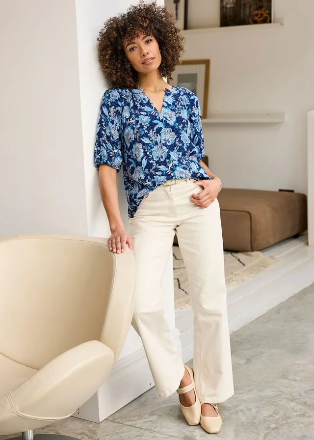 Cotton Traders Marine Printed Short Sleeve Blouse
