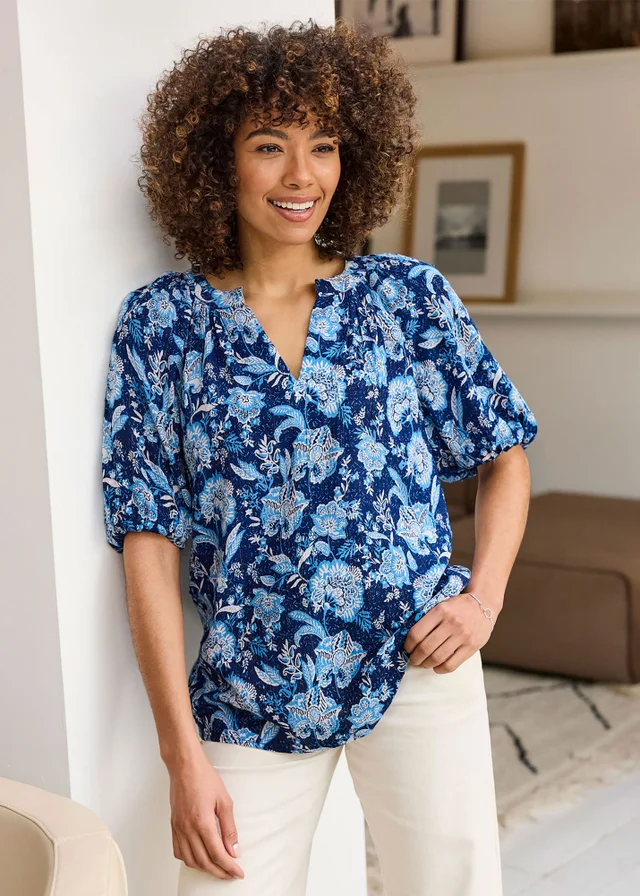 Cotton Traders Marine Printed Short Sleeve Blouse