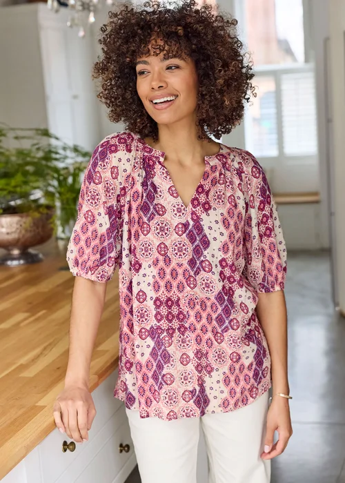 Cotton Traders Ecru Printed Short Sleeve Blouse - 20 Image 2