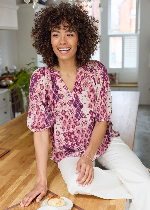 Cotton Traders Ecru Printed Short Sleeve Blouse - 20 Image 1