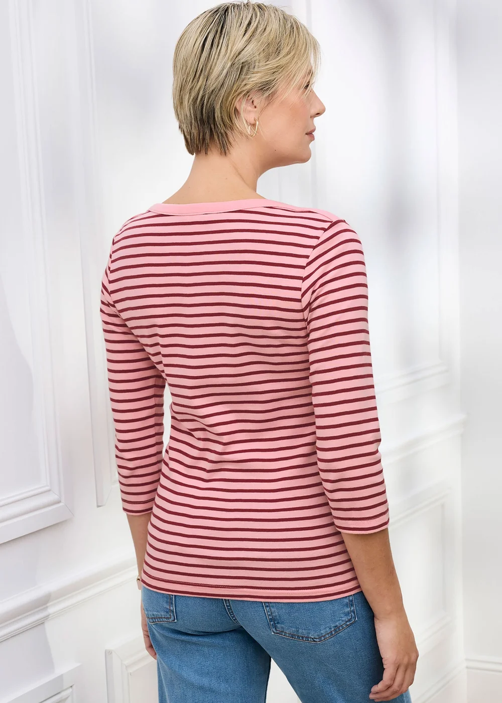 Cotton Traders Rose Wrinkle Free 3/4 Sleeve Boat Neck Stripe Top - 18 Image 3