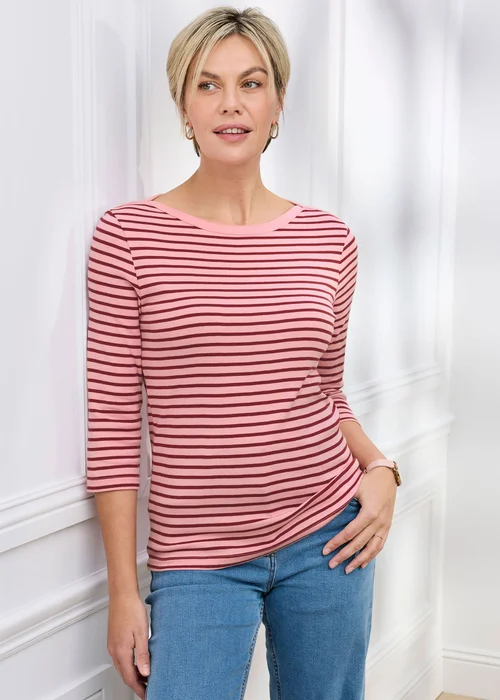 Cotton Traders Rose Wrinkle Free 3/4 Sleeve Boat Neck Stripe Top - 18 Image 2