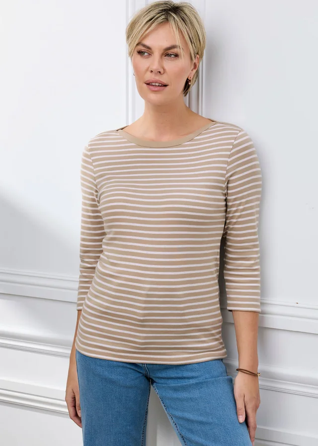 Cotton Traders Stone Wrinkle Free 3/4 Sleeve Boat Neck Stripe Top