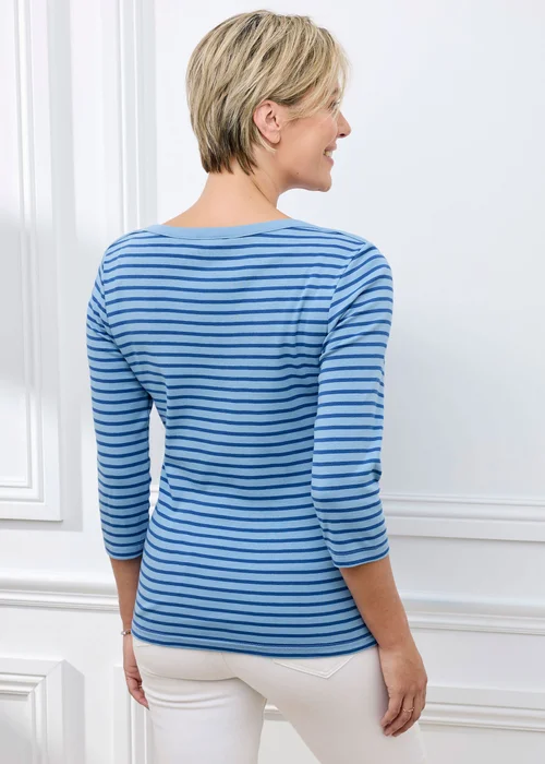 Cotton Traders Cornflower Blue Wrinkle Free 3/4 Sleeve Boat Neck Stripe Top - 18 Image 3