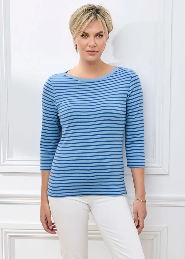 Cotton Traders Cornflower Blue Wrinkle Free 3/4 Sleeve Boat Neck Stripe Top