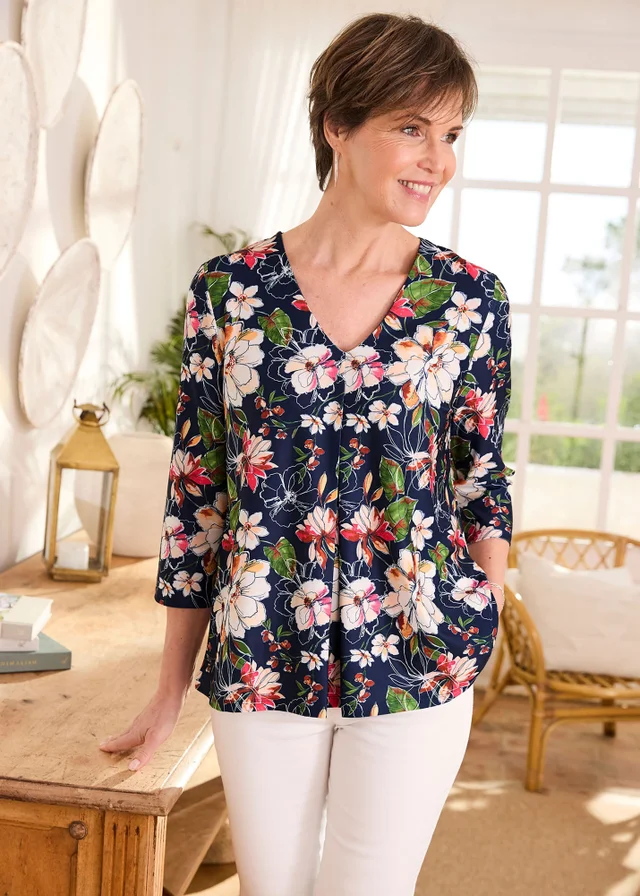 Cotton Traders Navy V Neck 3/4 Sleeve Jersey Top