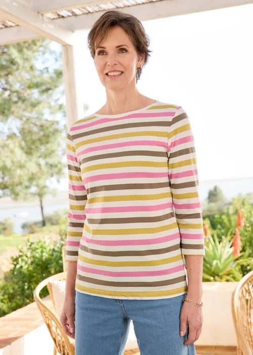 Cotton Traders Ochre 3/4 Sleeve Boat Neck Printed Top - 22 Image 2