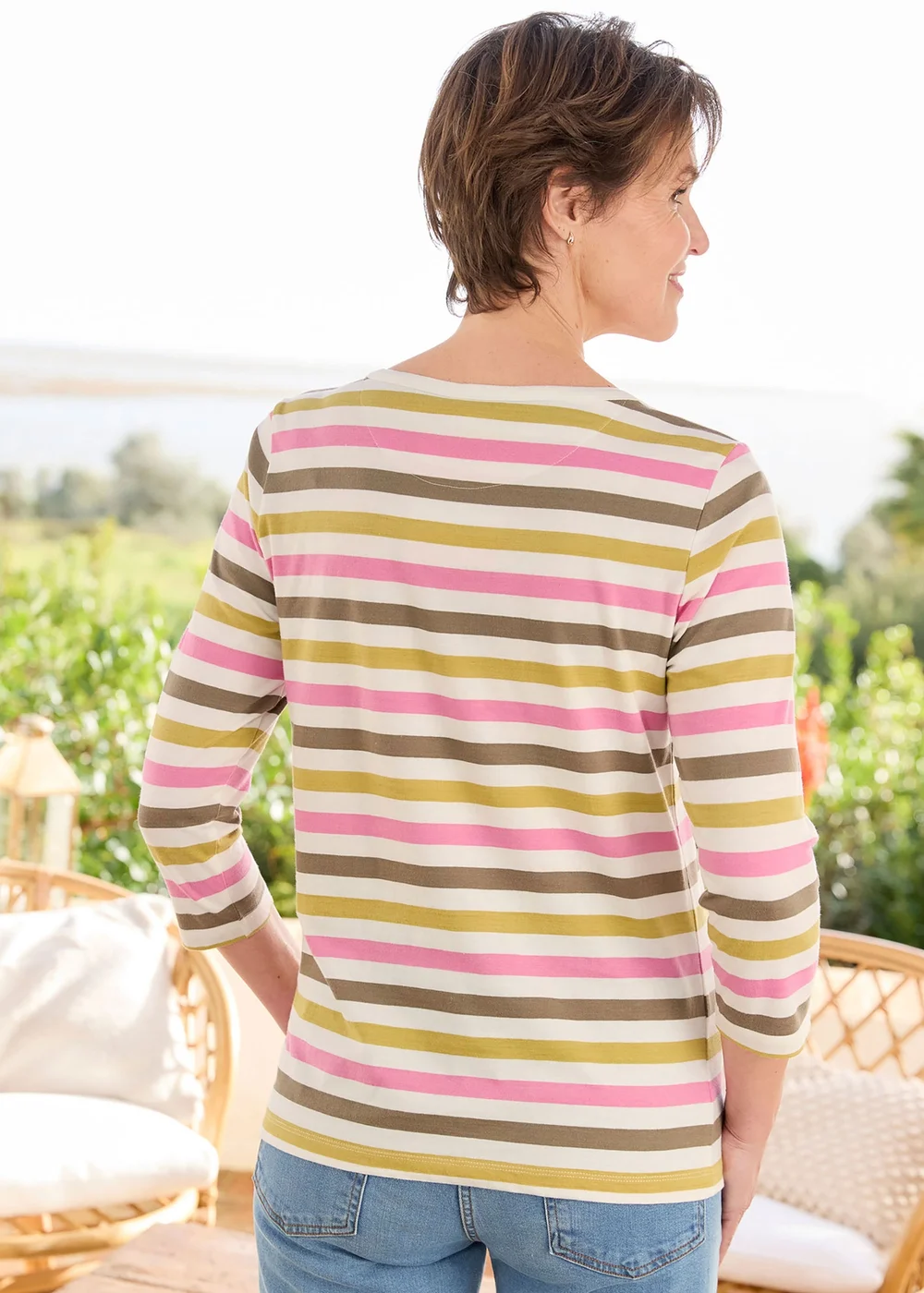 Cotton Traders Ochre 3/4 Sleeve Boat Neck Printed Top - 22 Image 3