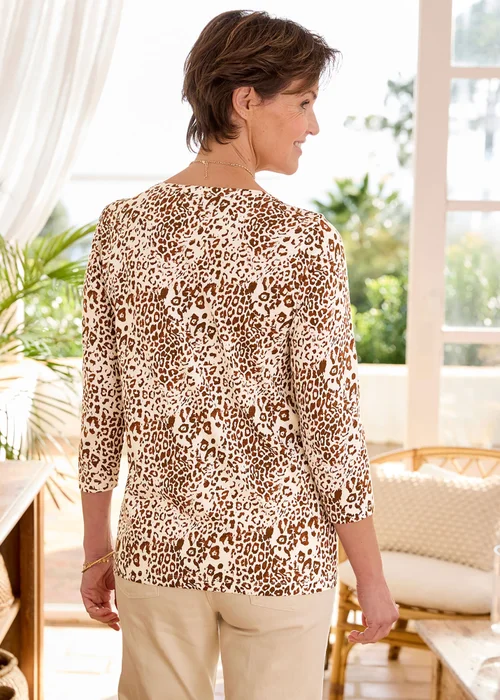 Cotton Traders Dark Brown 3/4 Sleeve Boat Neck Printed Top - 18 Image 3
