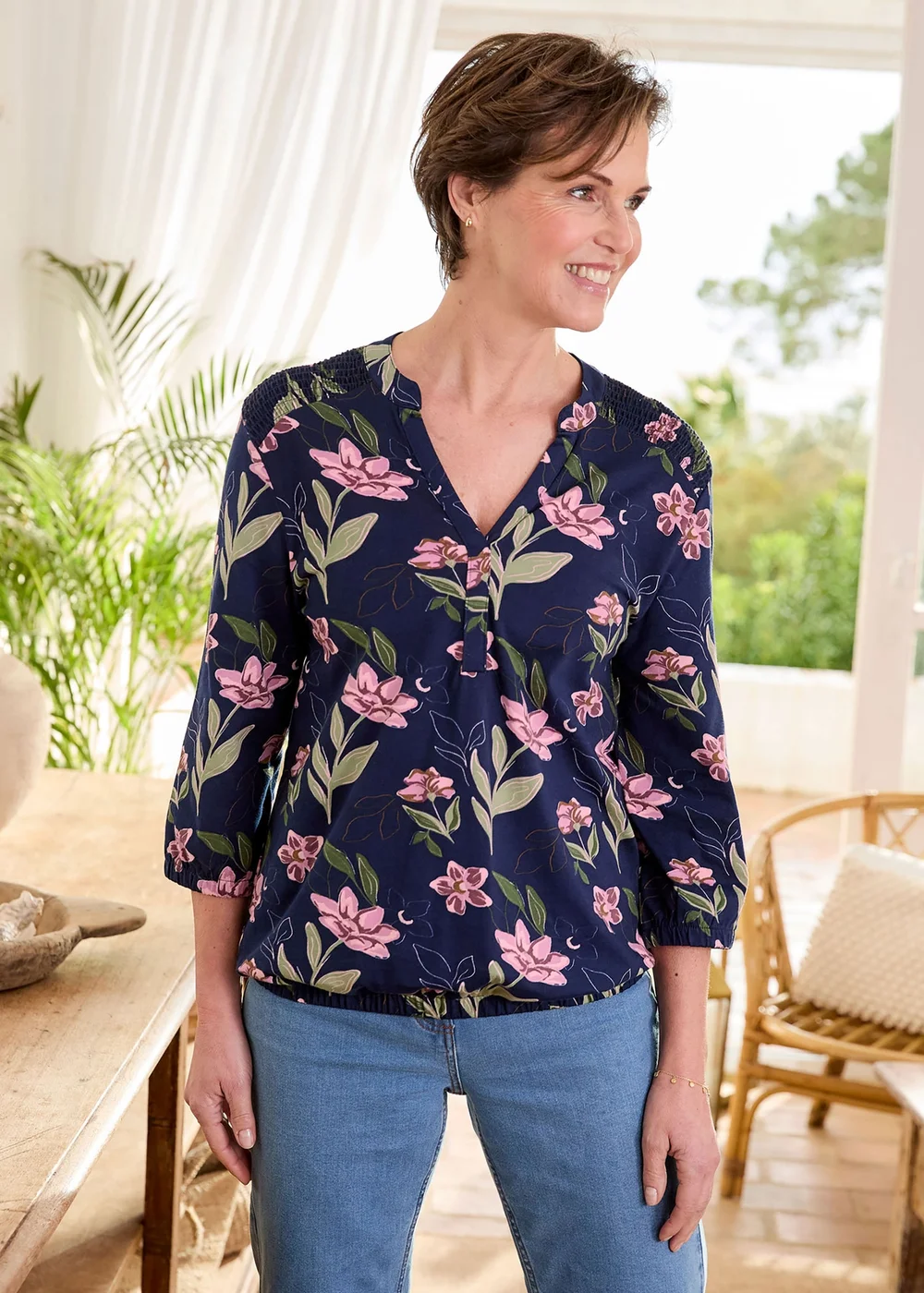 Cotton Traders Navy Cotton Bubble Hem 3/4 Sleeve Printed Top - 24 Image 4