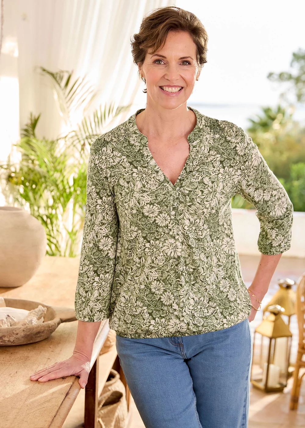 Cotton Traders Soft Khaki Cotton Bubble Hem 3/4 Sleeve Printed Top - 18 Image 1