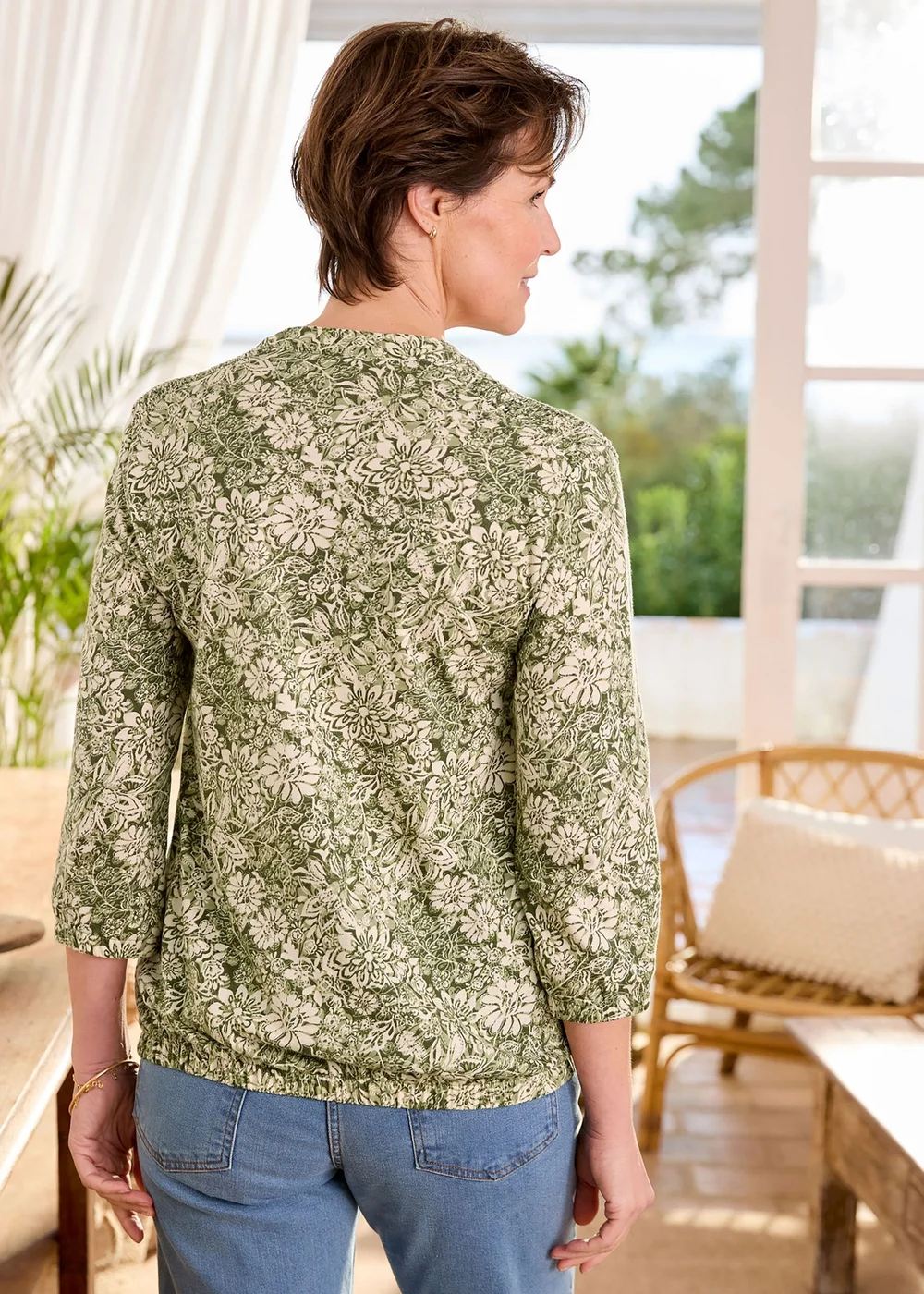 Cotton Traders Soft Khaki Cotton Bubble Hem 3/4 Sleeve Printed Top - 18 Image 3