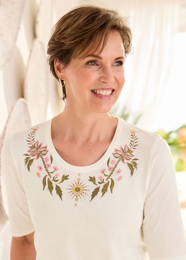 Cotton Traders Ivory 1/2 Sleeve Printed Scoop Neck Top