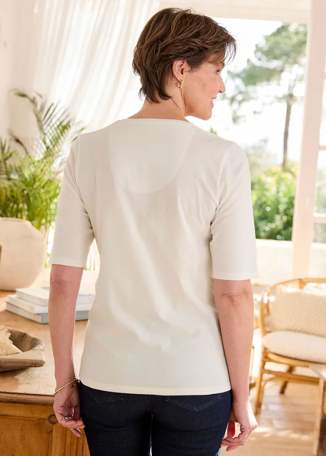 Cotton Traders Ivory 1/2 Sleeve Printed Scoop Neck Top